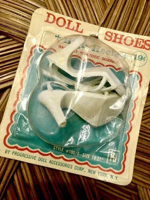 A Vtg Progressive Doll Shoes High Heels Strap Style White Plastic In Package - Image 1 of 4