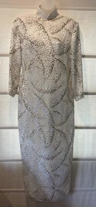 VTG Custom Made Wht/Gold Burnout Silk Shanghai Chic Cheongsam Maxi Dress~S~READ - Picture 1 of 14