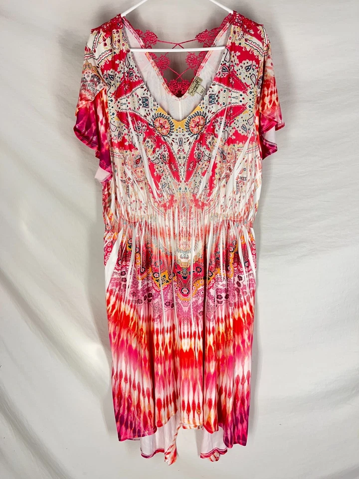 NOVO Vestido Maxi Feminino One World Boho Abstrato Renda Plissado Tamanho 2X Multicolor - Imagem 1 de 4