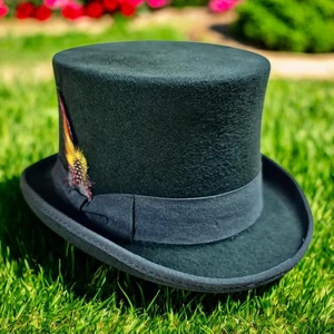 Black Wool Top Hat with Feather Accent Gothic Steampunk Victorian Costume - Picture 1 of 2