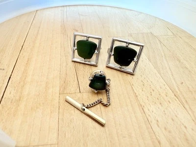 玉绿石银色复古 Sarah COVENTRY 袖扣 领带 Tack — 第 1/2 张图片