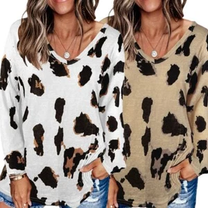 Women Plus Size Long Sleeve V-Neck T-Shirt Leopard Loose Pullover Tunic Tops 3XL - Picture 1 of 20