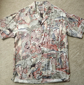 Rare Vintage Island Natives Celebration Pink/Green Rayon Hawaiin Shirt Size L/M
