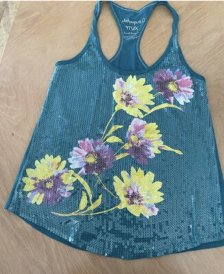 AEROPOSTALE XS Flores Lentejuelas Tanque Corredor Espalda Verde Brillante Elegante Foto 1 de 3