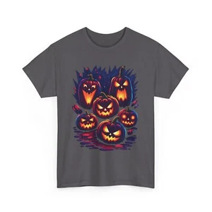  Evil Pumpkins T-Shirt - Scary Halloween Jack-O'-Lantern Faces Graphic Tee - Picture 1 of 7