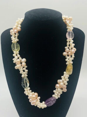 Gorgeous Sterling Silver Pearl Cluster & Gemstone Necklace Vintage Jewelry - Image 1 of 4