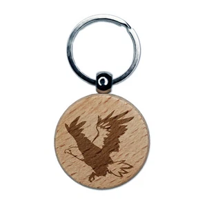 Patriotic American Bald Eagle Flying Engraved Wood Round Keychain Tag Charm - Picture 1 of 6