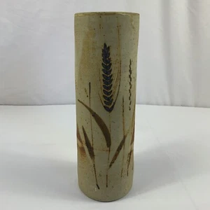 Vintage Tall Signed Art Pottery Cylindrical Vase 12” Wheat Design - Picture 1 of 10