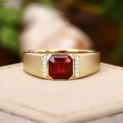 14K Yellow Gold Over Men's 3 Ct Asscher Red Diamond Anniversary Band Pinky Ring - Image 1 of 4