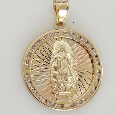 14k yellow gold virgin Mary Holy mother diamond cut round pendant charm 1.40"  - Image 1 of 4