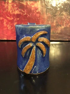 Handmade Art Pottery Coffee Mug Cup Tropical Palm Tree Beach Artist Signed Blue - Picture 1 of 8
