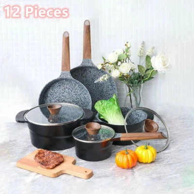KITCHEN ACADEMY 12 Pieces Cookware Set Nonstick Granite Coated Pots and Pans Set