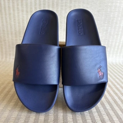 Polo Ralph Lauren Pony Slides Mens Size 10 Navy Blue Cayson Logo Sandals Shoes - Image 1 of 4