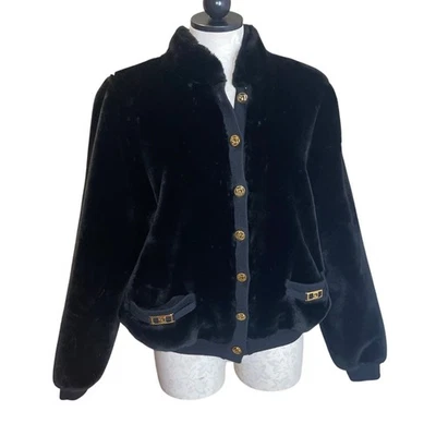 St John Vintage Womens Jacket Size Large Black Bomber Pockets Casual Faux Fur - Image 1 of 4