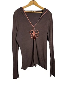 MOTH Anthropologie Brown Boho Knit Top XL Y2K Pink Floral Cutout Hoodie RARE - Picture 1 of 4