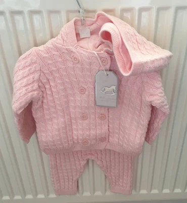 ROCK A BYE BABY Baby girl knitted set hooded jacket & trousers pink 0 - 3 - 6 - 9 months