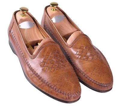 Mocasín de Vestido Santoni Hecho en ITALIA Cuero Marrón Castaño Tejido Ornamentado Sin Cordones 11 Foto 1 de 4
