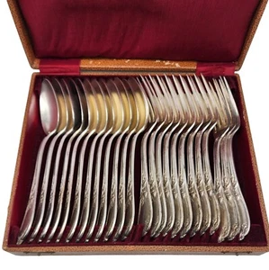 ANTIQUE French 84 Silver Plate Dinner Forks & Place Spoons Set with Fitted Case - Picture 1 of 8