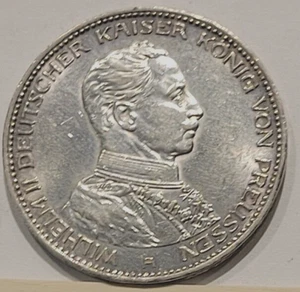 1914-A 3 Mark German Prussia Silver Coin - Picture 1 of 2