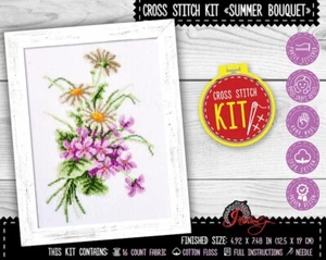 Summer Bouquet Cross Stitch Kit White Daisies Flower Embroidery Kit - Picture 1 of 10