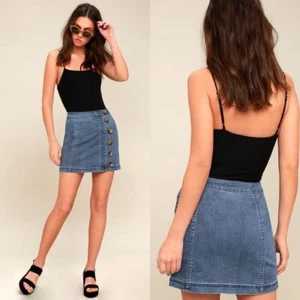Free People Little Daises Medium Wash Denim Knopfleiste Minirock 0 - Bild 1 von 4