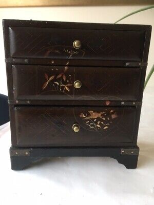 Japanese Black Lacquer Jewellery Box Shaped As A Mini Chest Of Drawers Wooden • 45£