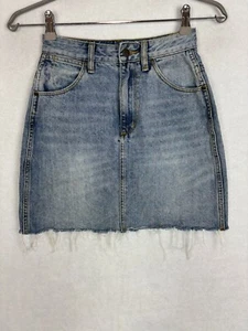 Wrangler Womens Mini Skirt Size 6 Raw Hem Denim Jean Whiskered A-Line Rigid - Picture 1 of 7