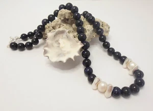 Collar collar "Blue Pearl" flujo azul y perlas de agua dulce, plata, hecho a mano - Imagen 1 de 4