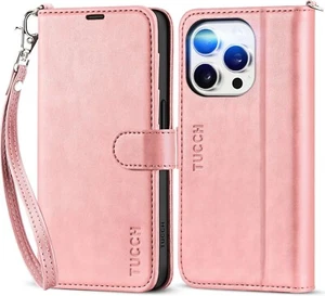 TUCCH Flip Case für iPhone 15 Plus, PU Leder Wallet Case mit Handschlaufe, Rosa - Bild 1 von 9