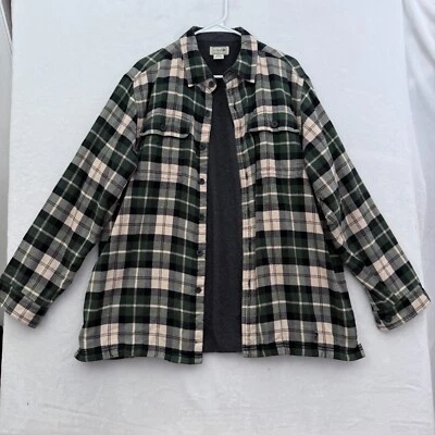 LL Bean Flannel Shirt Mens L Green Plaid Fleece Line Shacket  Button Up - Image 1 of 4