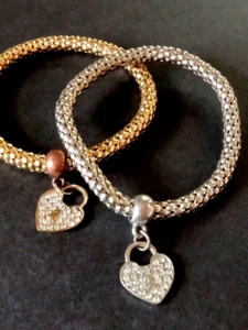Vintage Jewelry Bracelet Pair Silver Gold Heart Charm Bracelet - Elastic - Picture 1 of 14