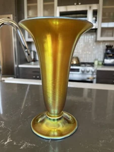 STEUBEN AURENE TRUMPET VASE, Signed - Picture 1 of 6