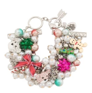 Betsey Johnson Bracelet Holiday Christmas Tree Candy Cane Faux Pearls Crystals - Picture 1 of 11