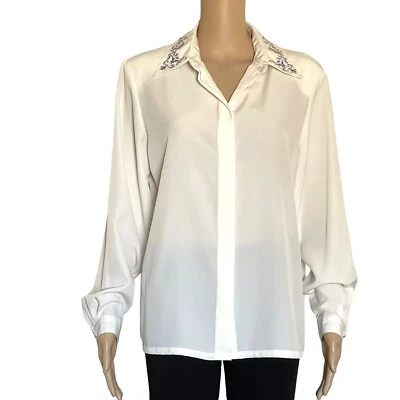koret cream women’s buttons up shirt embroidered blouse size 12 long sleeve  - Image 1 of 4