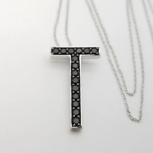 Collana con ciondolo 'Y' argento sterling 925 spinello nero lettera 'T' iniziale 18' pollici - Foto 1 di 11