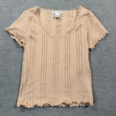 Better Together Top Women S Beige Ribbed Lace Lettuce Hem Short Sleeve Tee - Image 1 of 4
