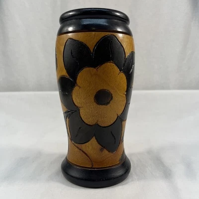 Vintage Hand Carving Painted Wood Flower  Vase 7 1/2” tall - Image 1 of 4