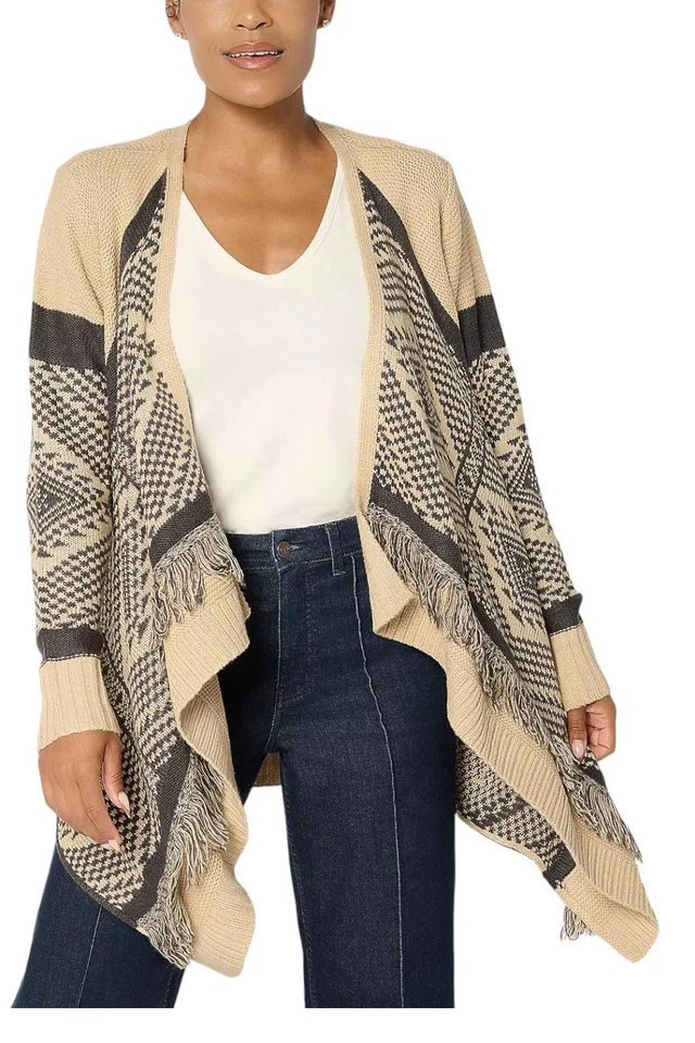 Cárdigan para mujer Denim & Co. Canyon Retreat drapeado delantero con flecos negro Foto 1 de 1