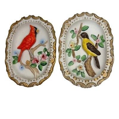 Vintage HOMCO Red & Yellow 3D Bird Floral Porcelain Wall Plaque Ornate Decor - Image 1 of 4