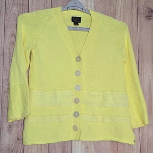 Cárdigan con botones amarillo tejido a mano puro suéter ribete de encaje talla M/L - Imagen 1 de 11