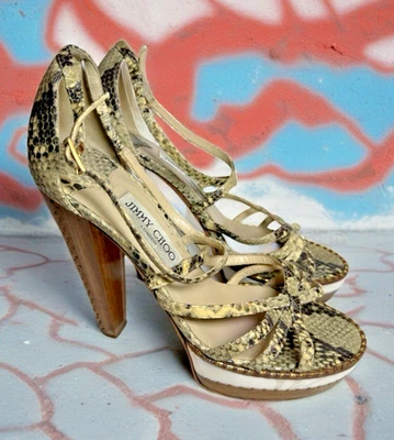 Jimmy Choo London Pitón Marrón y Blanco Plataforma Sandalias Tacones, Talla 38.5 (US 8) Foto 1 de 4