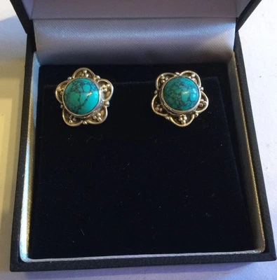 STERLING SILVER TURQUOISE EARRINGS STUD LARGE GEMSTONE BUTTERFLY BACKS - Image 1 of 4