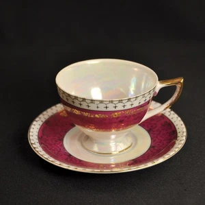 Cup & Saucer Maroon Band Floral Gold Filagree w/Gold Luster on White Unmarked - Picture 1 of 12