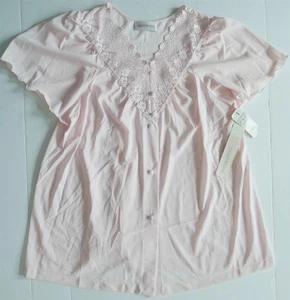 VTG NWT ShadowLine Pink SS Bed Jacket PJ Top S Crochet Lace Covered Button Front - Picture 1 of 11