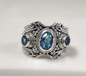 925 Sterling Silver Natural Swiss Blue Topaz Ring Oval & Round Blue Topaz Ring - Picture 1 of 10