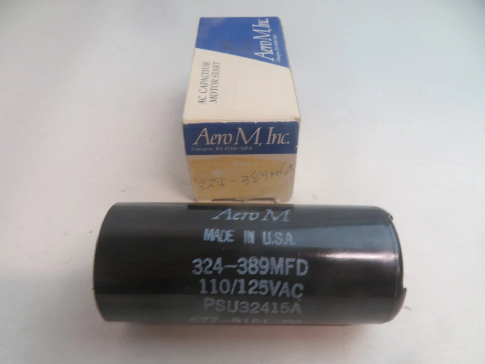 AERO M INC AC CAPACITOR MOTOR START 110-125VAC 324-389MFD NOS Foto 1 de 3