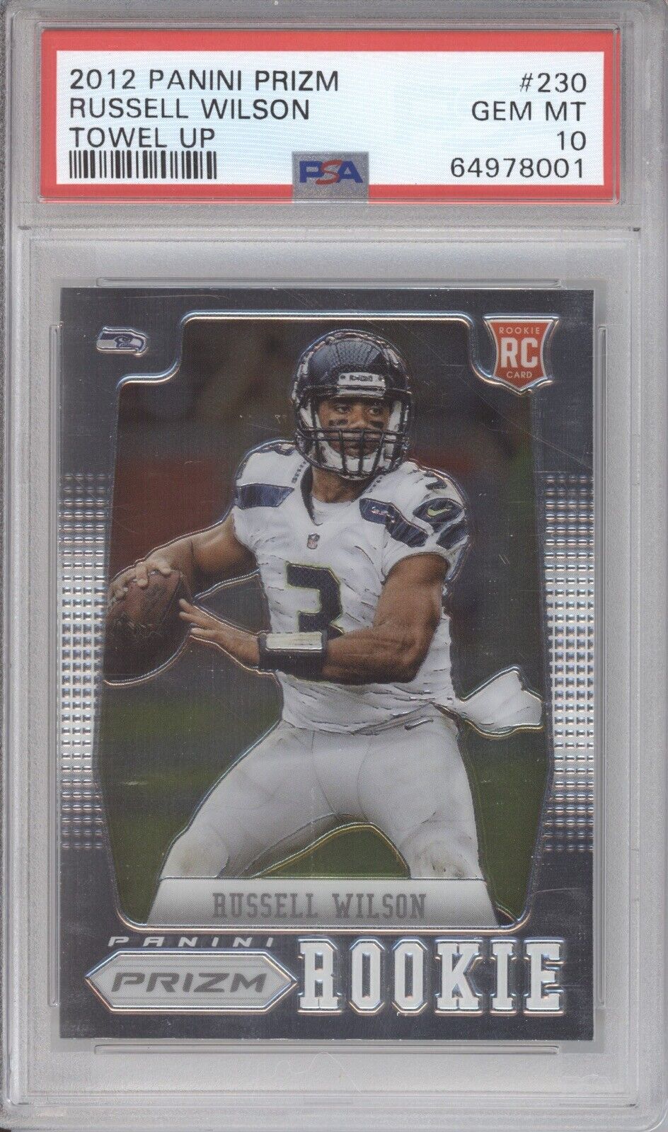 RUSSELL WILSON PSA 10 2012 PANINI PRIZM #230 ROOKIE TOWEL UP SP RC 8001