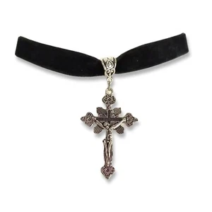 Silver Cross jesus choker necklace black velvet ribbon gift goth crucifix rosary - Picture 1 of 5