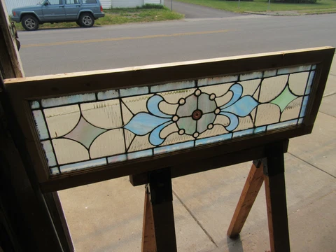 ~ANTIQUE STAINED GLASS TRANSOM WINDOW 9 JEWEL ~ 48 x 16 ~ ARCHITECTURAL SALVAGE Cover