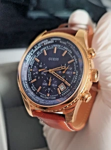 Guess Men’s Quartz Analog Watch W0500G1 Brown Leather Strap Blue Dial 46mm - Picture 1 of 4